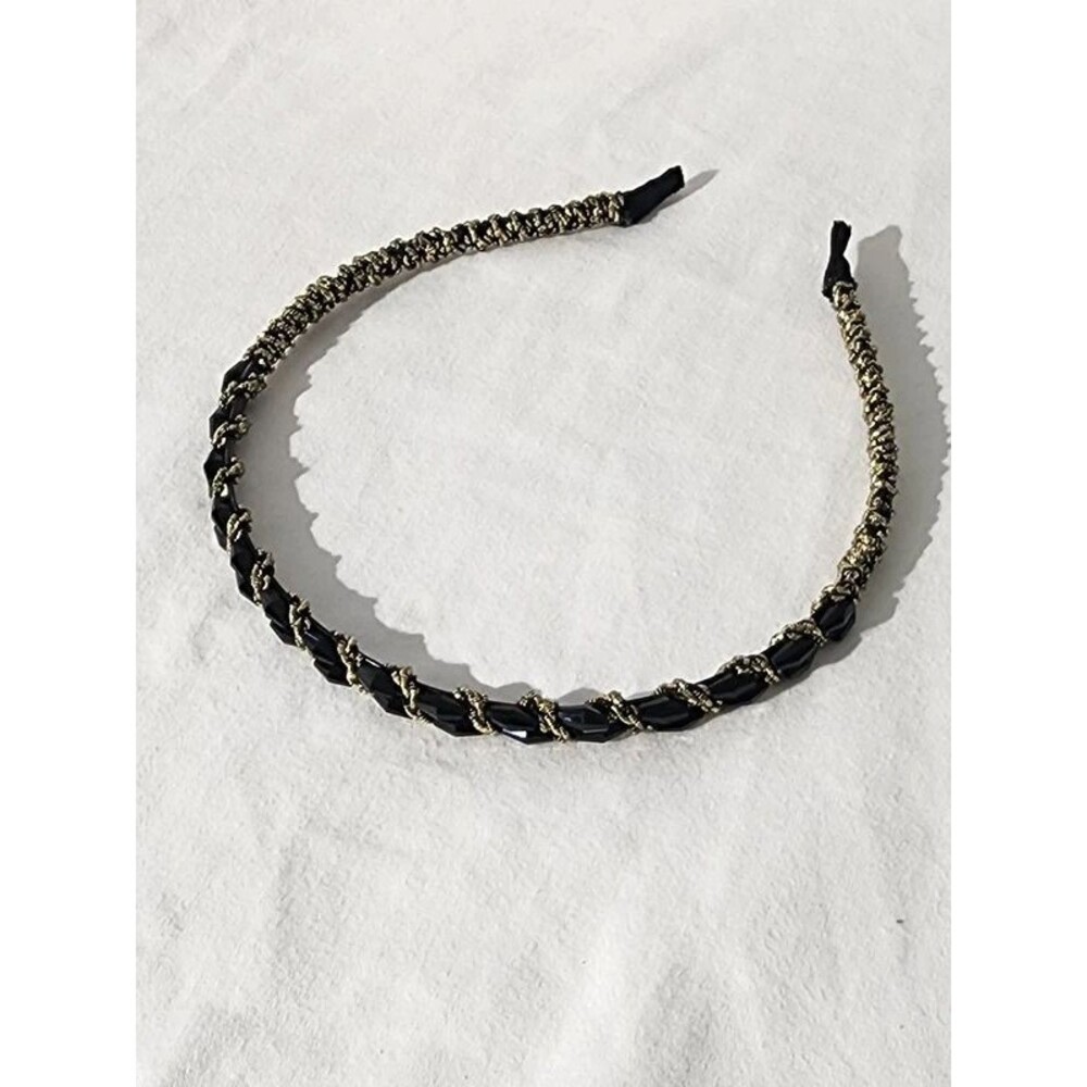 Black Faceted Crystal Bead & Gold Metallic Thread Wrapped Slim Headband Rare